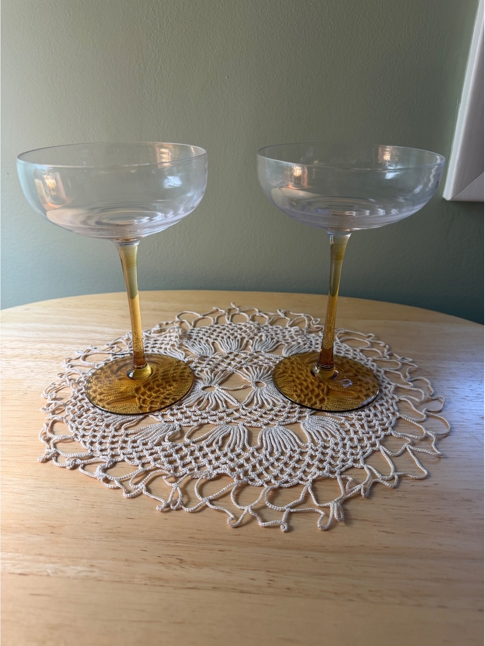 Set of 2 Vintage Colored Stem Coupe Glasses for Cocktails and Champagne